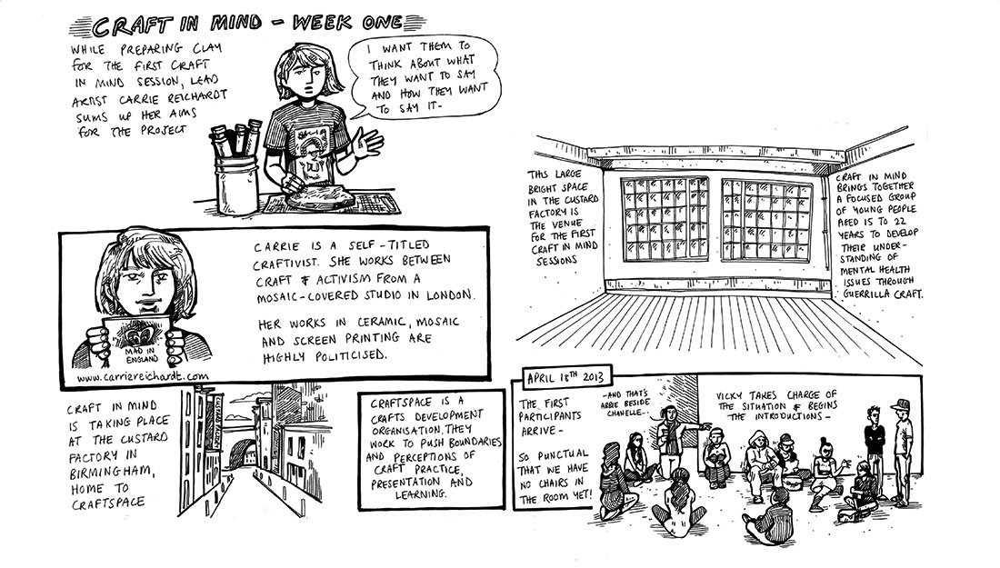A black a white comic describing what happened at the first session of the project.