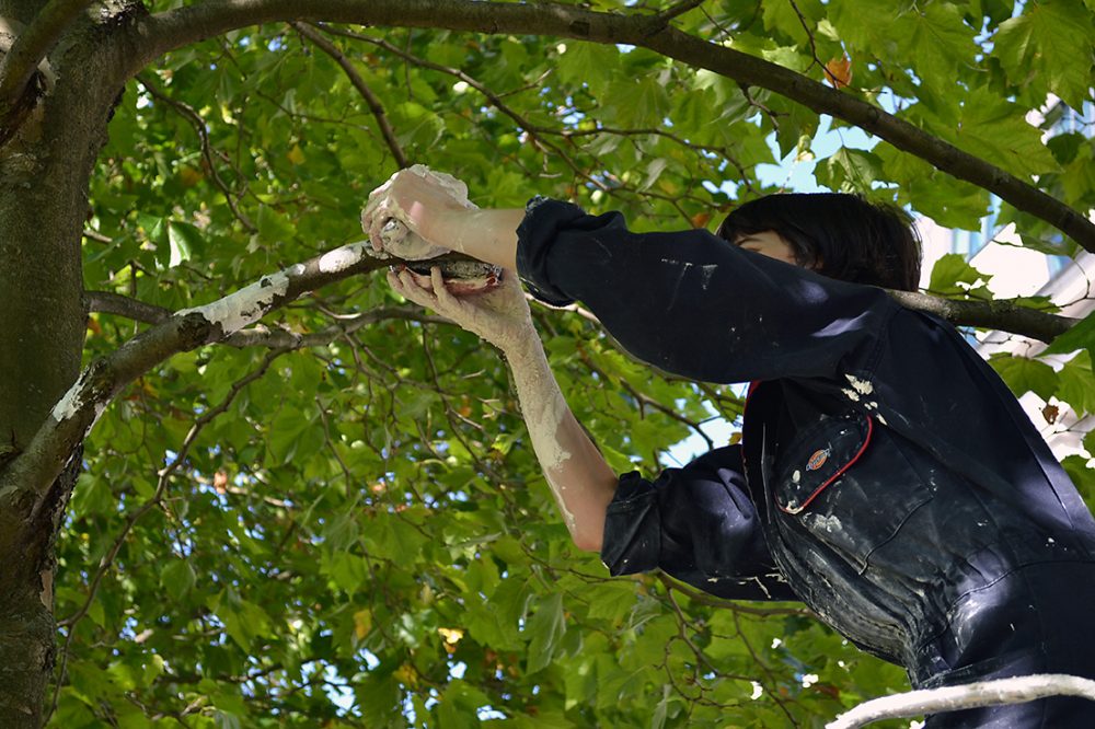 The artist places her pieces on a branch in the tree.
