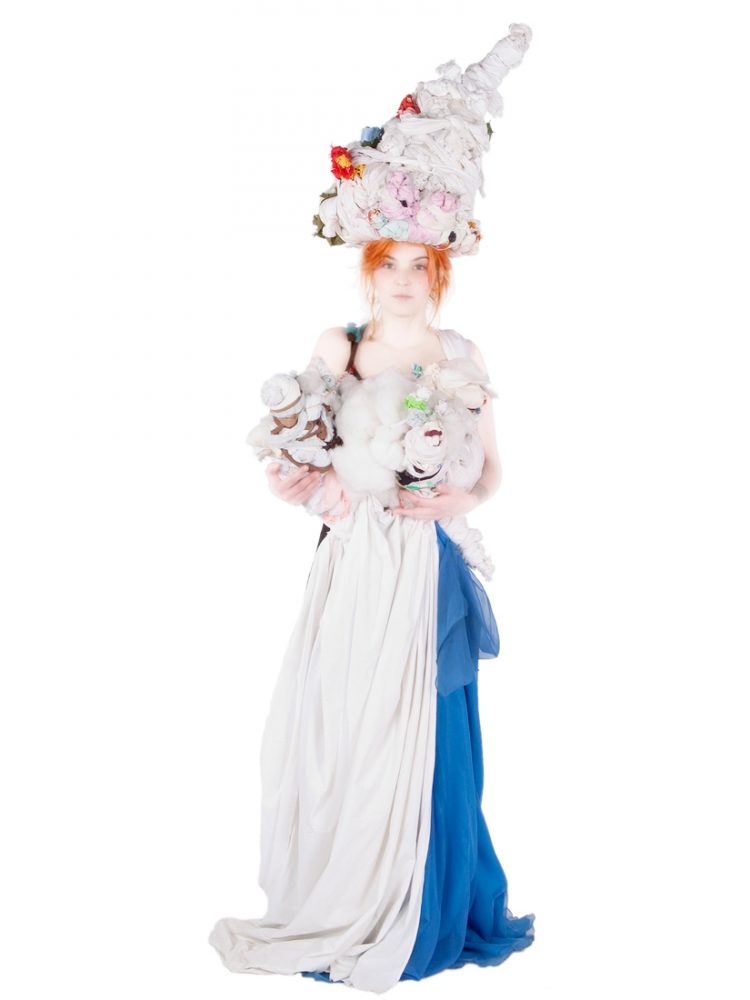 woman in textile bridal headwear and dress