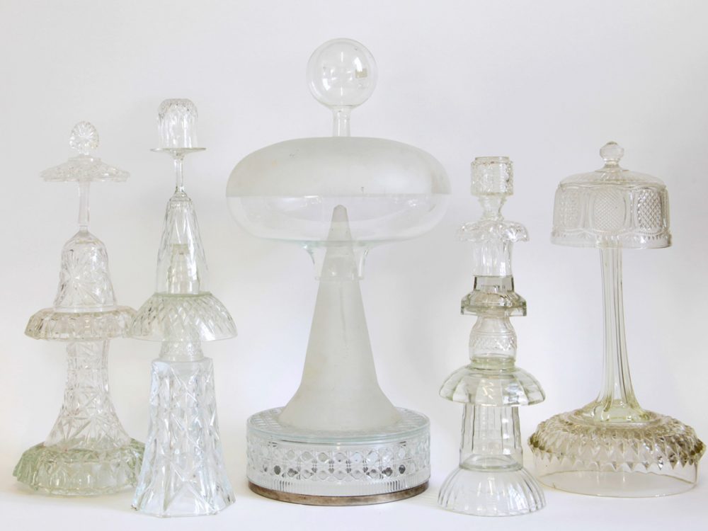 assemblage sculptures made from reclaimed glass objects