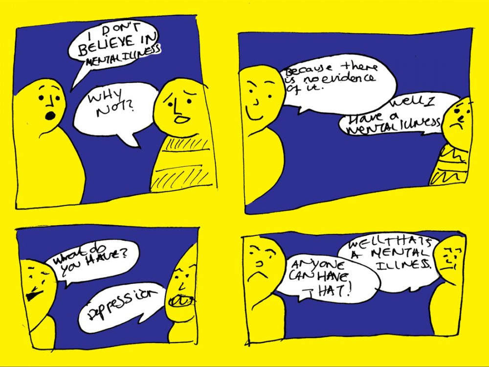 A blue and yellow illustrated comic depicting ideas on mental health illnesses.