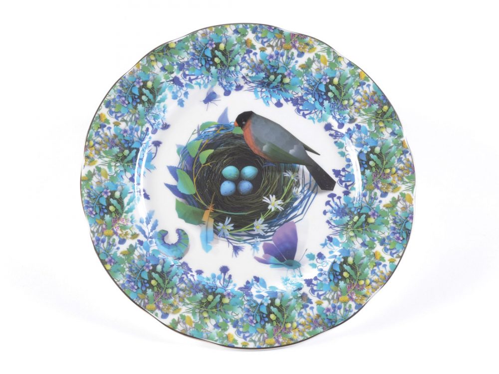 ceramic plate with printed images of birds nest, bird and flowers
