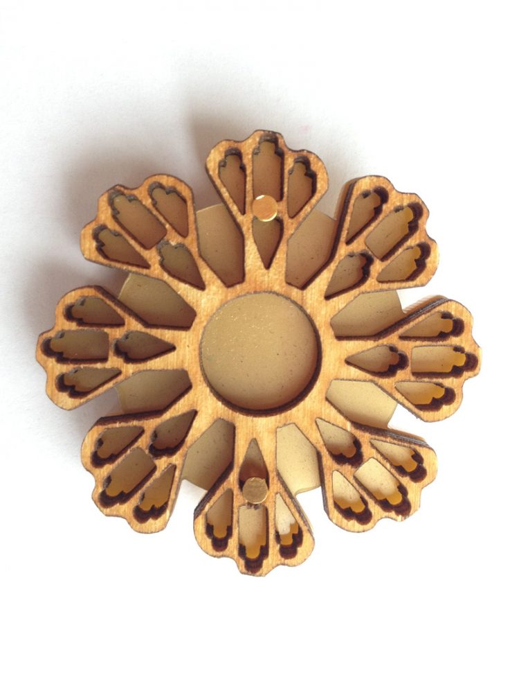 Laser cut wooden circular patterned design brooch