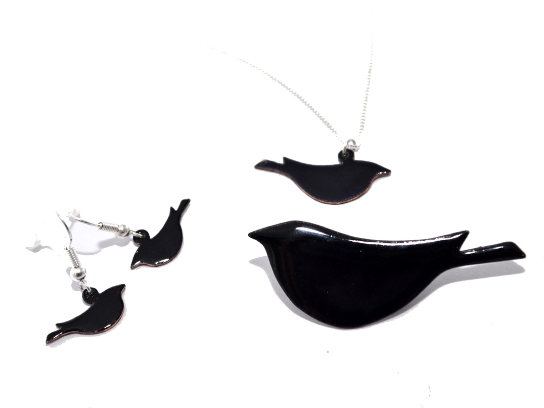 Black enamel bird brooch, necklace and earrings
