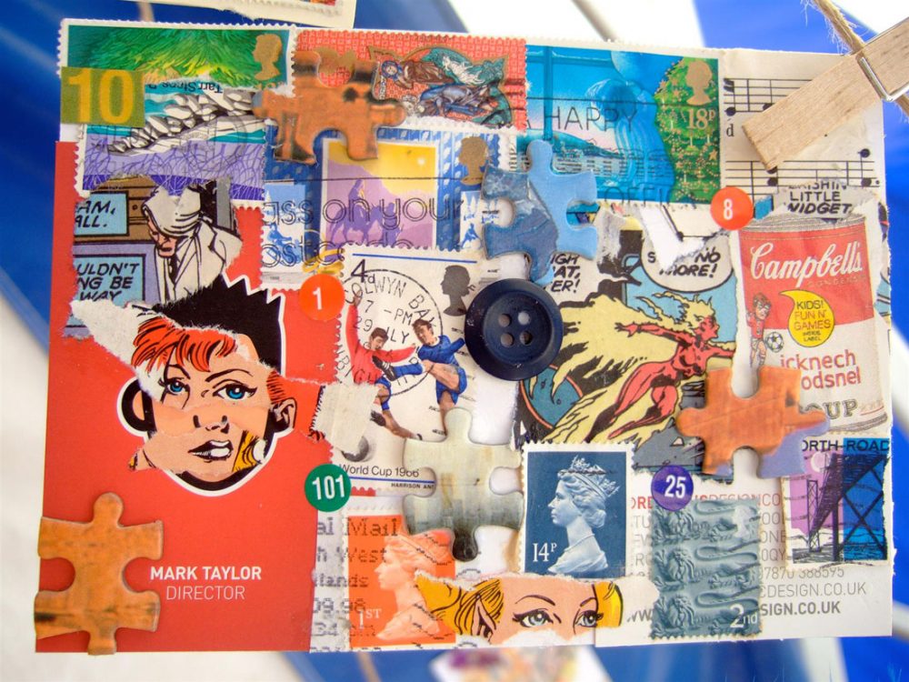 A collage featuring vintage stamps, comics and advertisements.