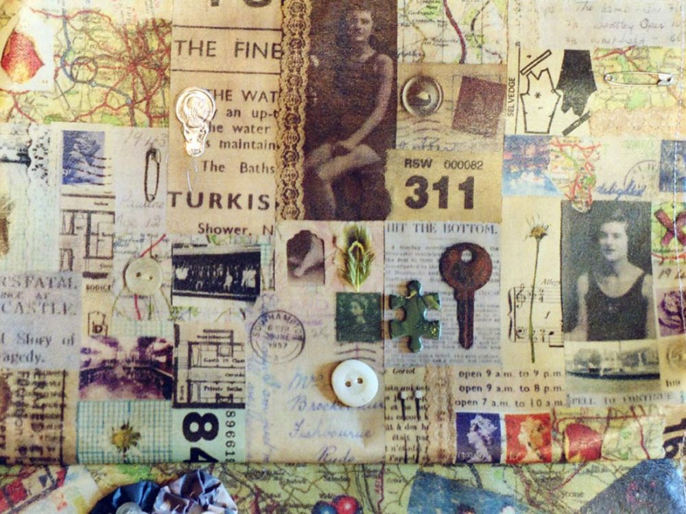 A collage of various objects, photographs and texts from the war.