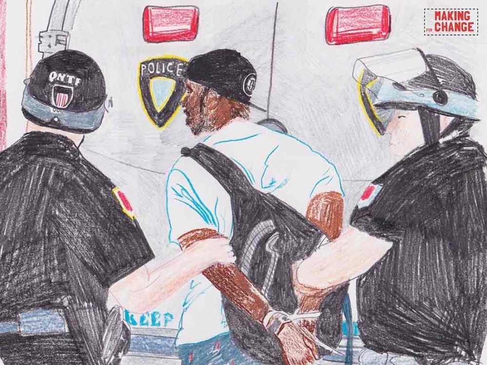 A drawing of a black man being arrested by police.