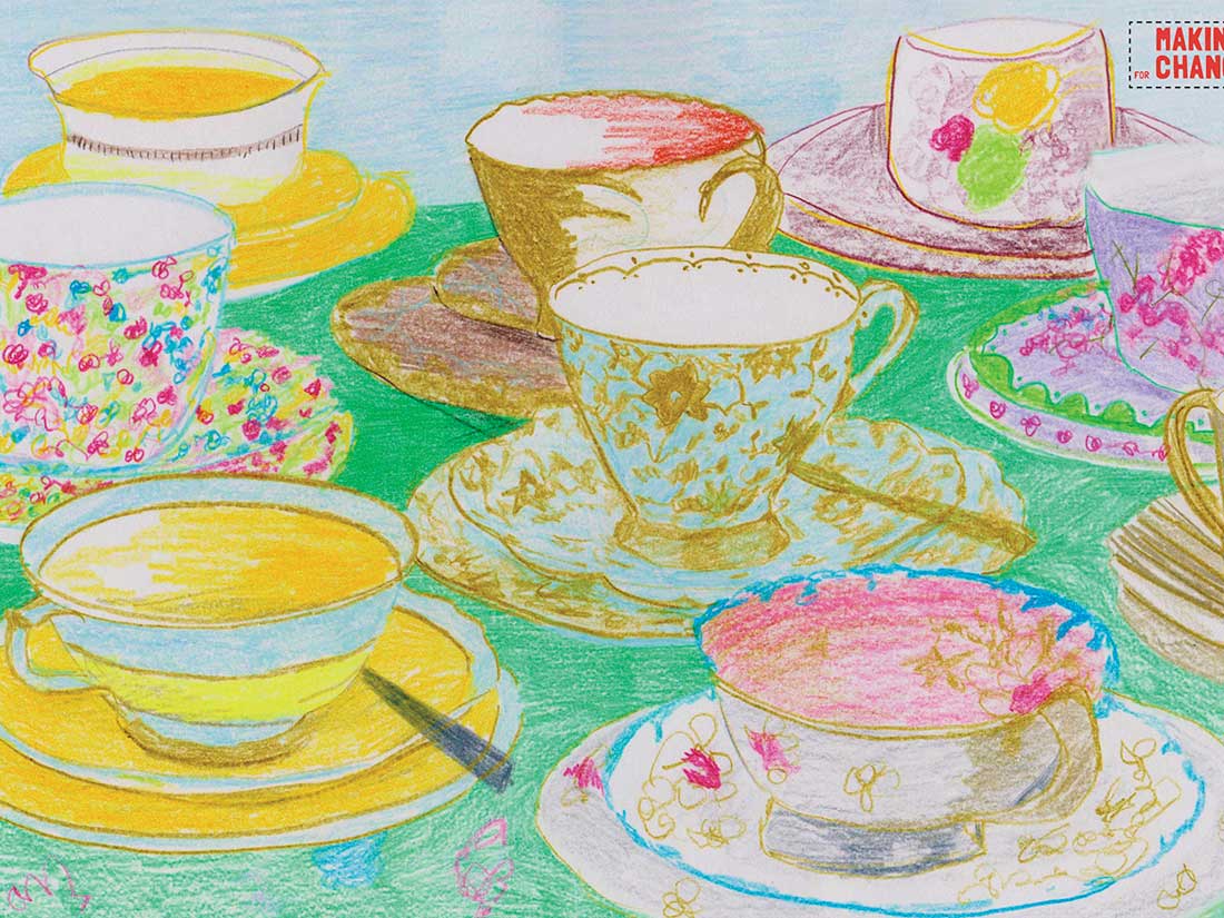 A bright drawing of pretty tea cups.