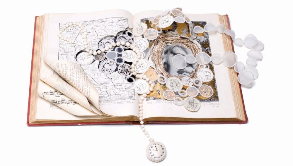 An open book displays various jewellery pieces made with textile.
