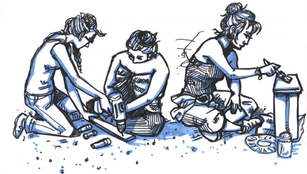 Illustration of 3 women working using drills and paint brushes.