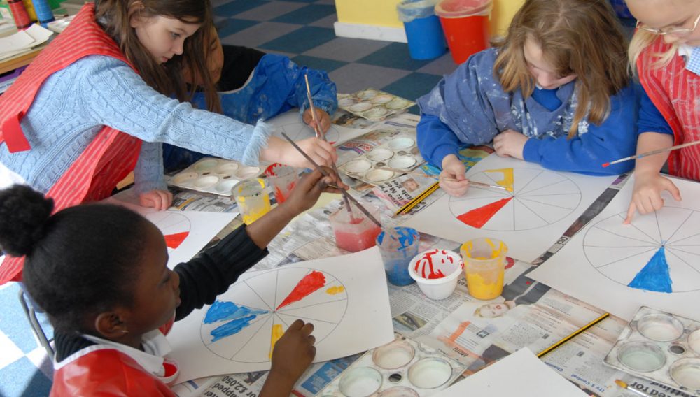 Children sit around a table painting segments of a circle.