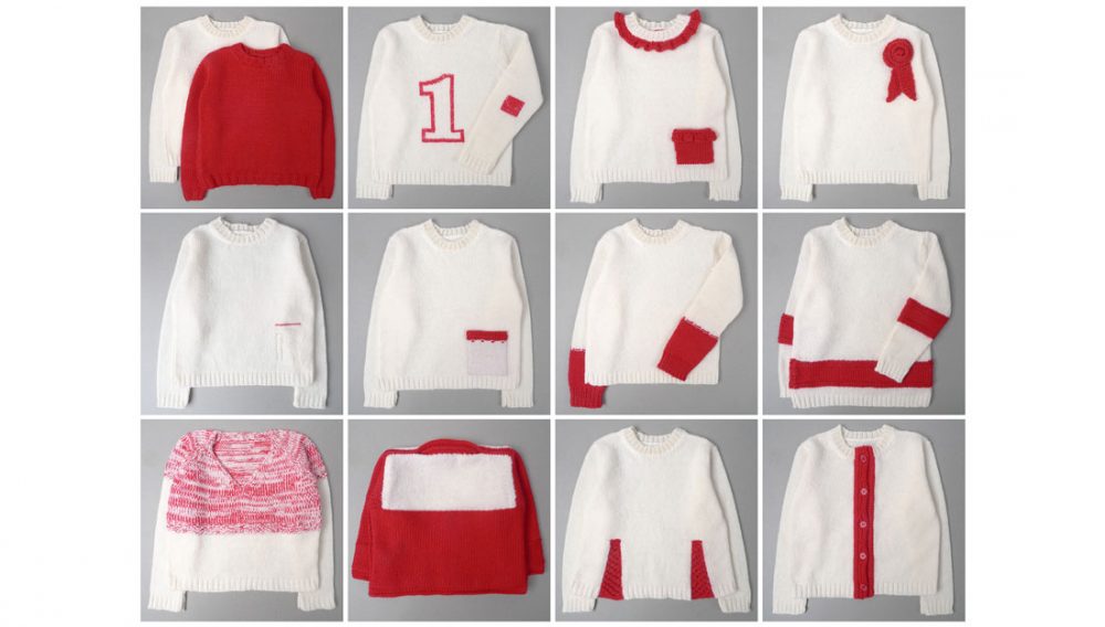 A red and white jumper re-knitted into one with 11 variations.