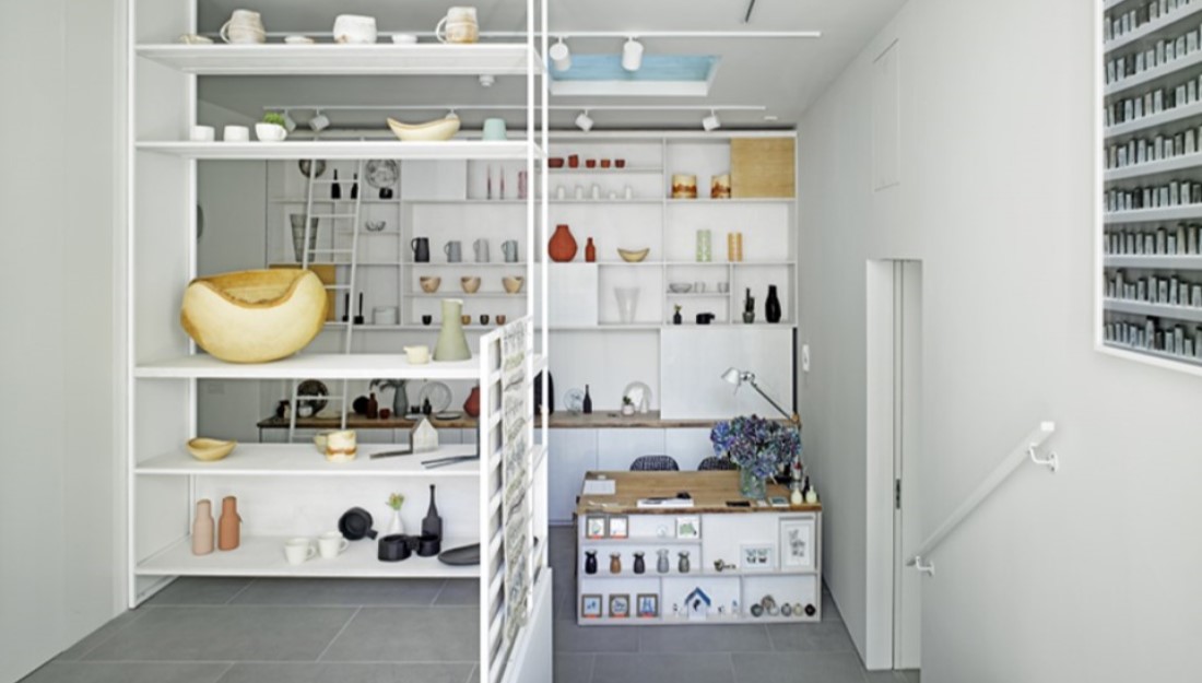 inside flow gallery - craft objects on shelves