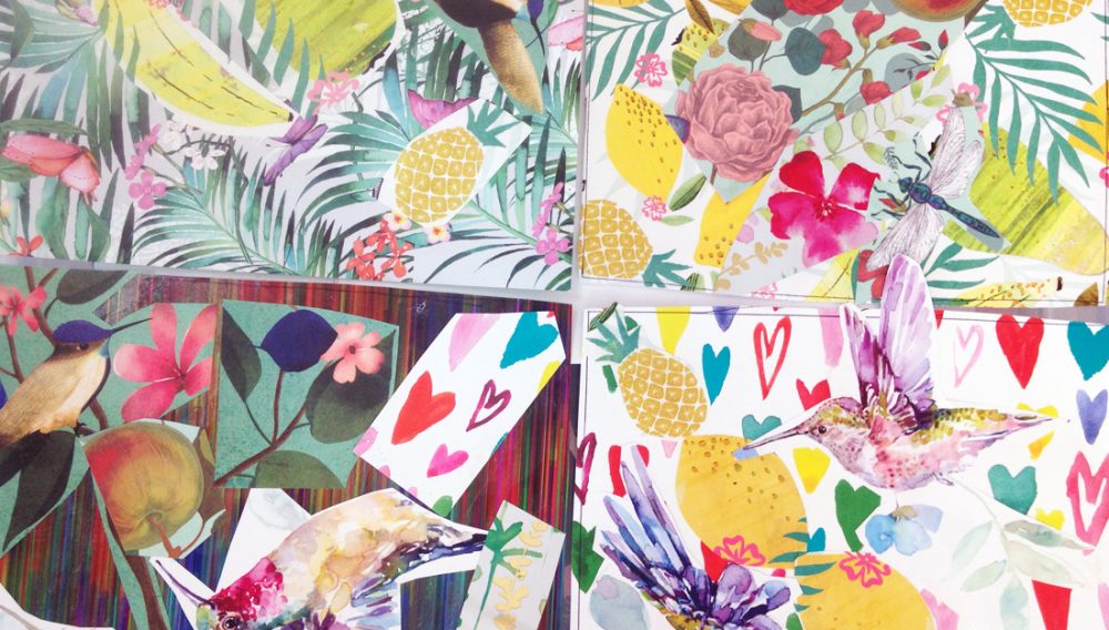 Metal sheets printed with colourful designs.