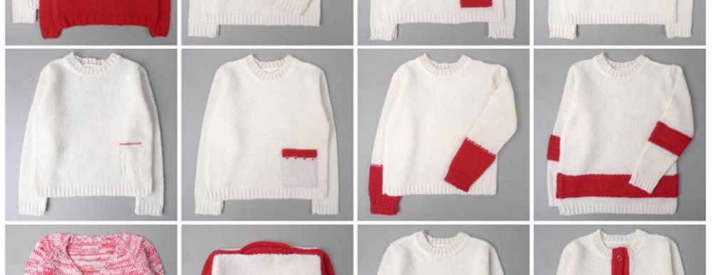 A red and white jumper re-knitted into one with 11 variations.