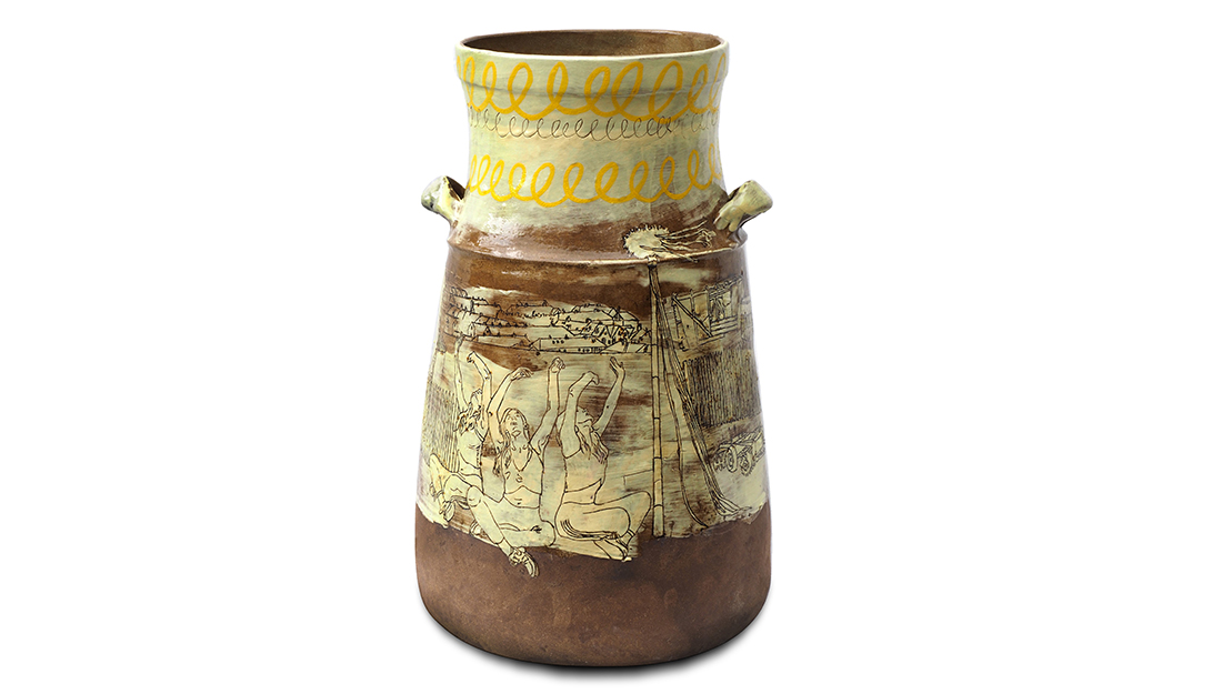 A ceramic vase with line drawings of people and scenes scratched into the glaze.