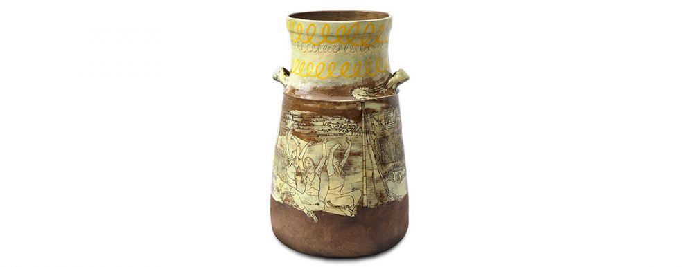 A ceramic vase with line drawings of people and scenes scratched into the glaze.