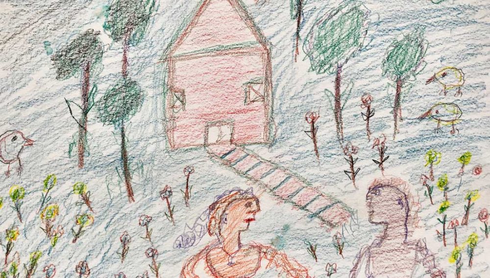 A naïve drawing of two people in front of a simple house with basic birds, trees and plants.
