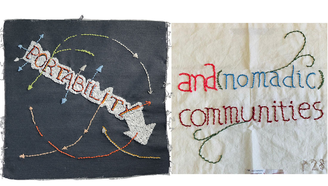 square patches stitched with words, 'portability' and 'nomadic communities'