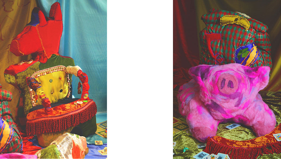 two images showing vibrant textile sculptures.
