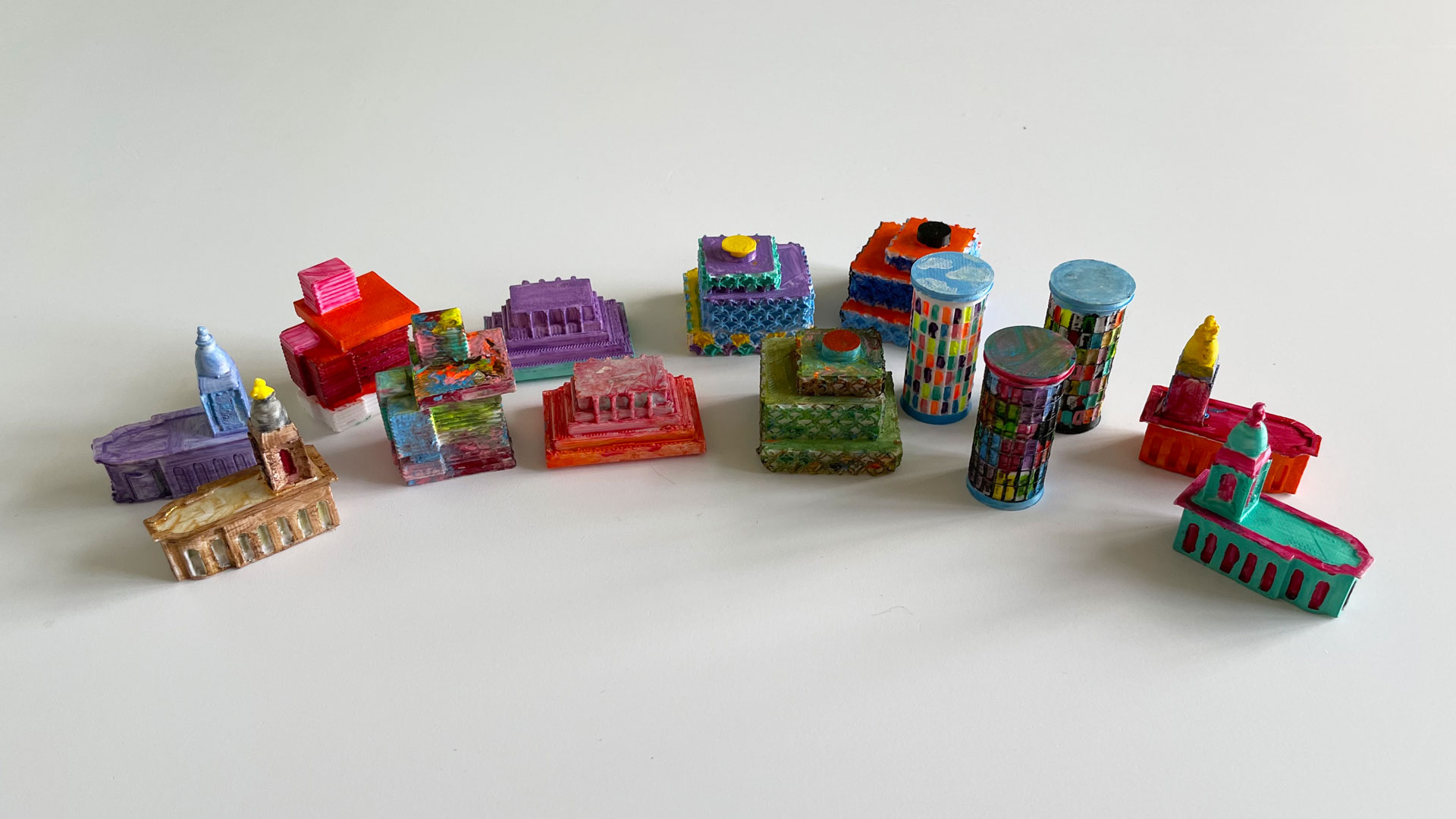 14 3D printed miniature iconic buildings of Birmingham all painted in different colours