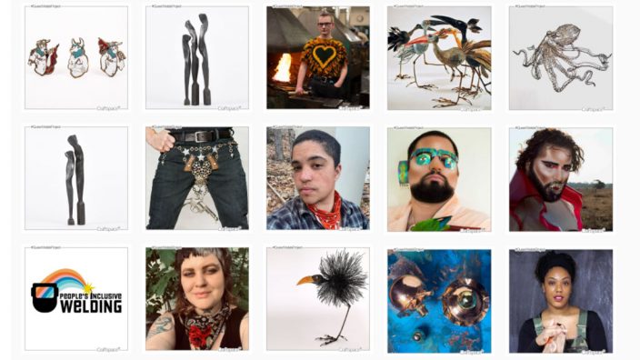 A grid of images. They show portraits of artists, some wearing unusual jewellery and head pieces. Other images show metalwork from the project.