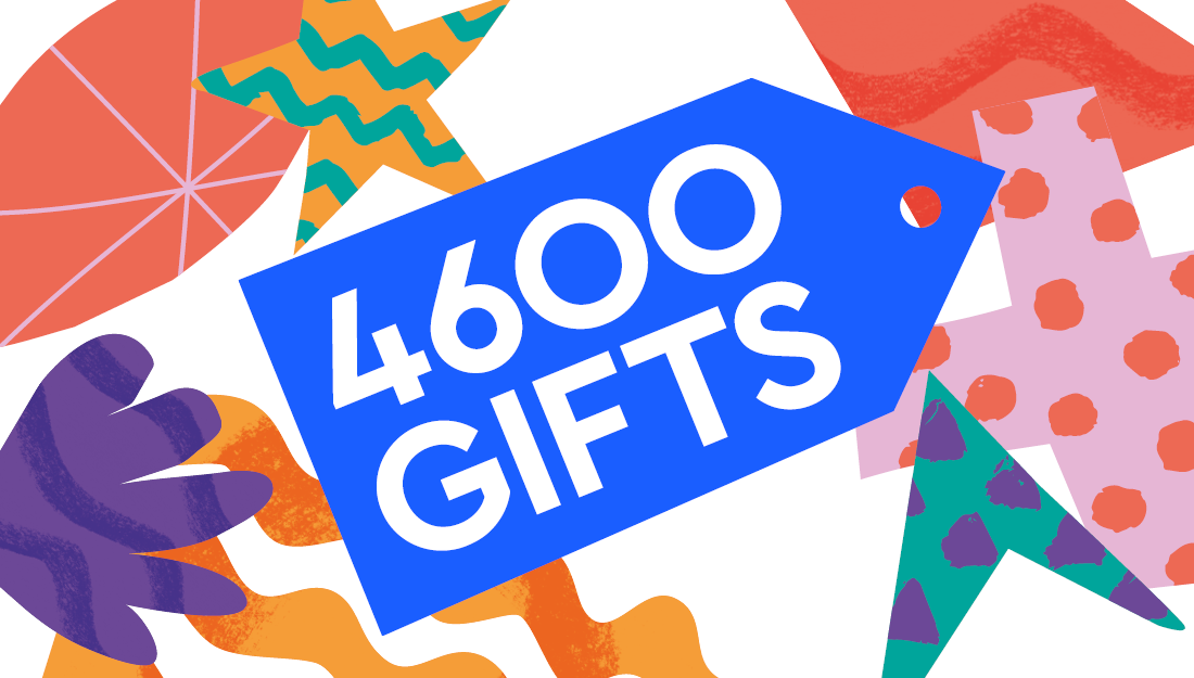4600 Gifts log surrounded by bright, busy shapes.