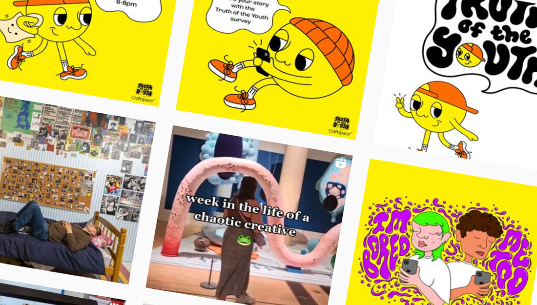 A screenshot of an instagram grid with bright cartoons and photos of art.