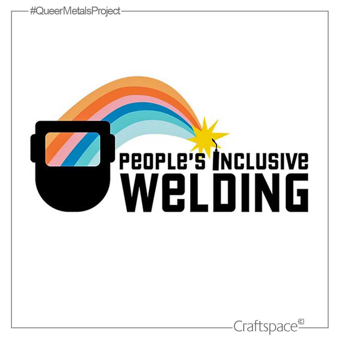 Black text on a white background reads People's Inclusive Welding. The letter I is a torch, from which shoots an expanding rainbow. A black welding helmet. logo sits on the left hand side of the text.