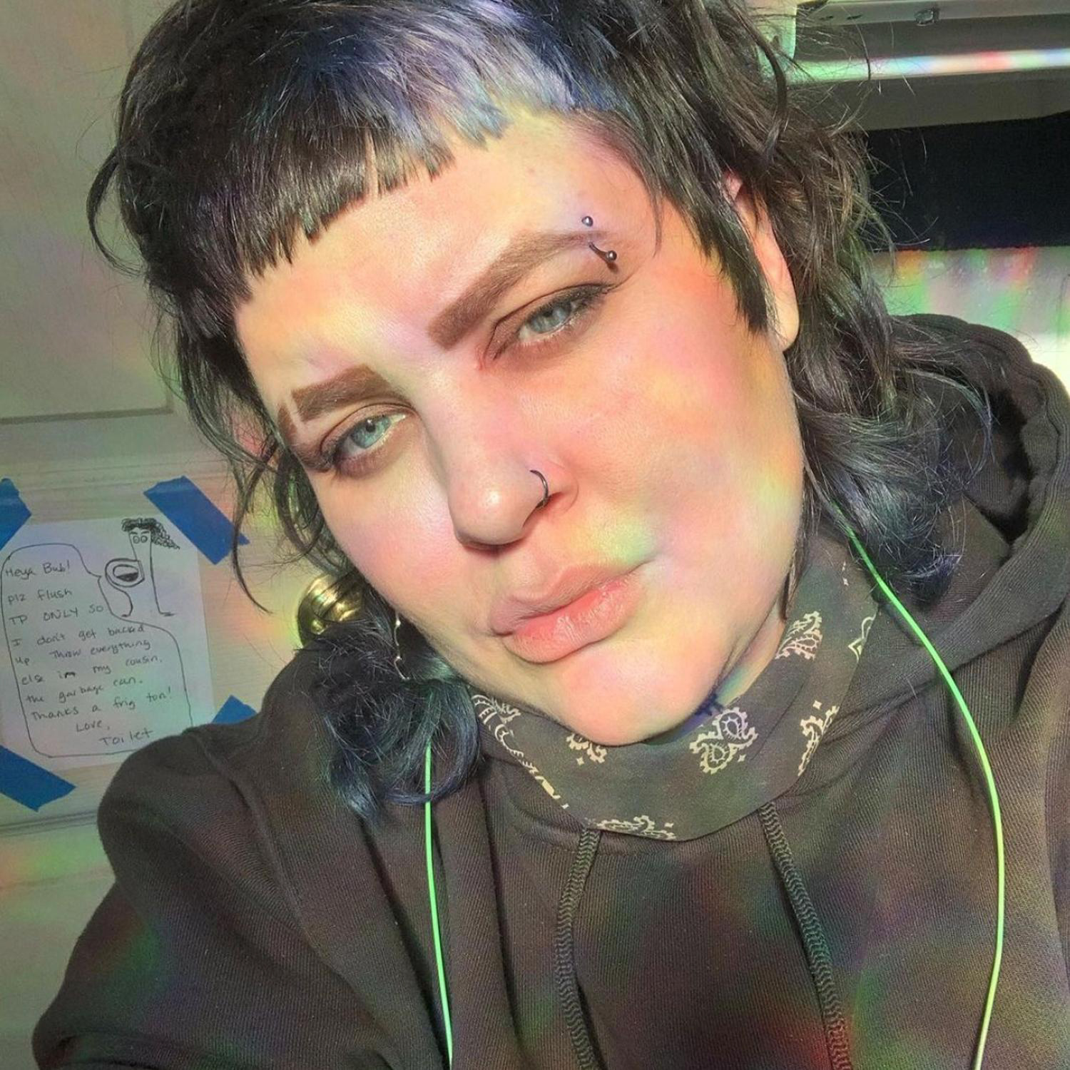 A person with high cropped bangs looks directly into the camera with blue eyes, their eyebrows have a sever arc with a piercing on the left and a shaved stripe on the right; they are wearing a black hoodie; prismatic light across their face