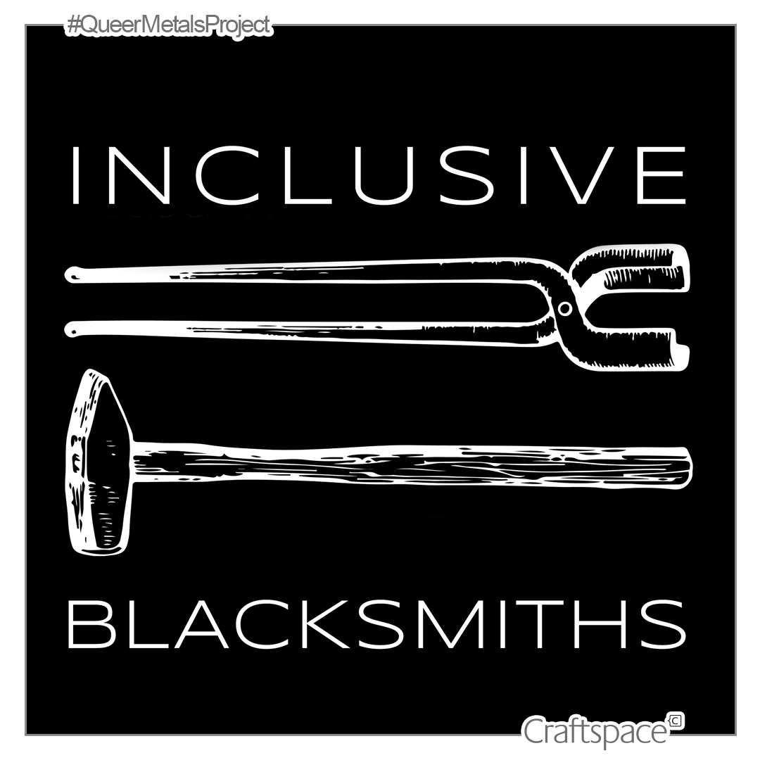 a black background with the words inclusive blacksmiths in white. An illustrated line drawing of a hammer and a a pair of tongs.