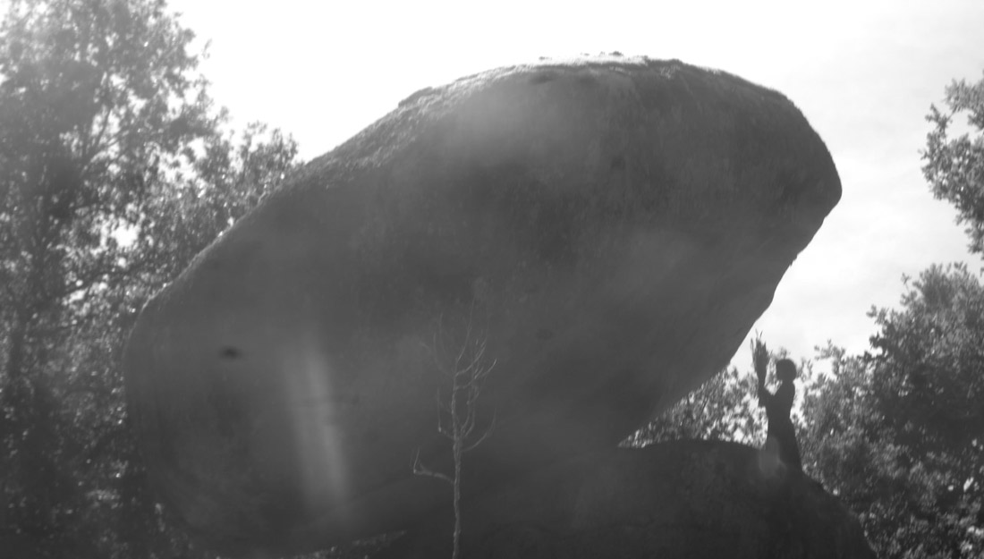 a black and white photograph, exterior. Two large rocks with a person visible behind them holding up a bunch of grasses. The rocks are surrounded by trees.