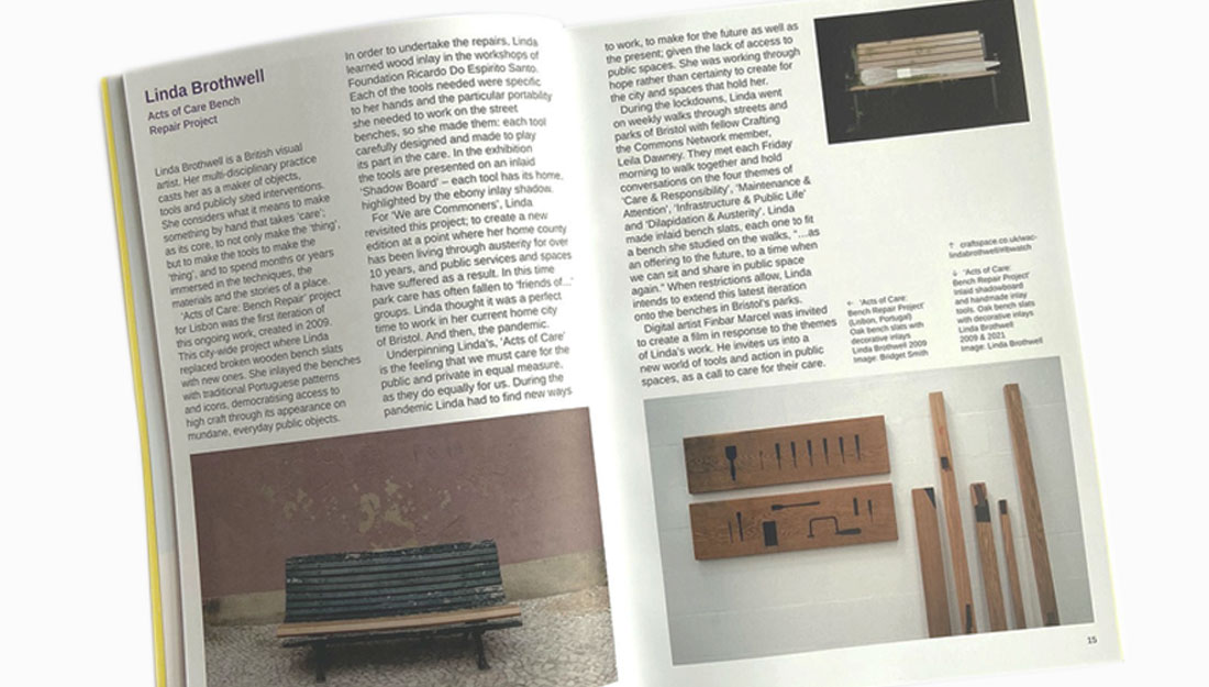 a catalogue is open on a double page spread featuring three images (two of wooden benches and one of 7 pieces of wood) and text