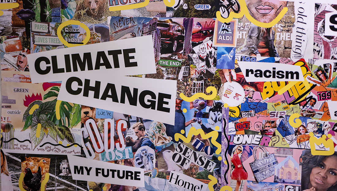 A massive bright collage of images and words cut from newspapers and magazines. Large letters spell climate change. Smaller letters spell racism and my future.