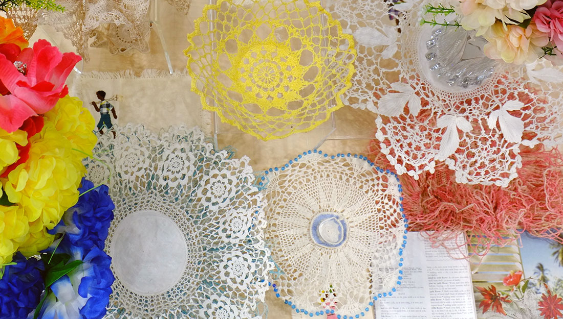 Starched crochet doilies. Pretty doilies in white, yellow and blue cotton shaped like bowls.