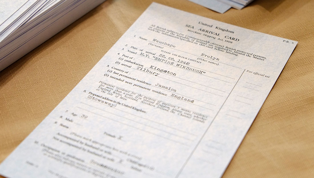 Evelyn Wauchop's landing card. A recreation of the card with her name and 'stowaway' written on it.