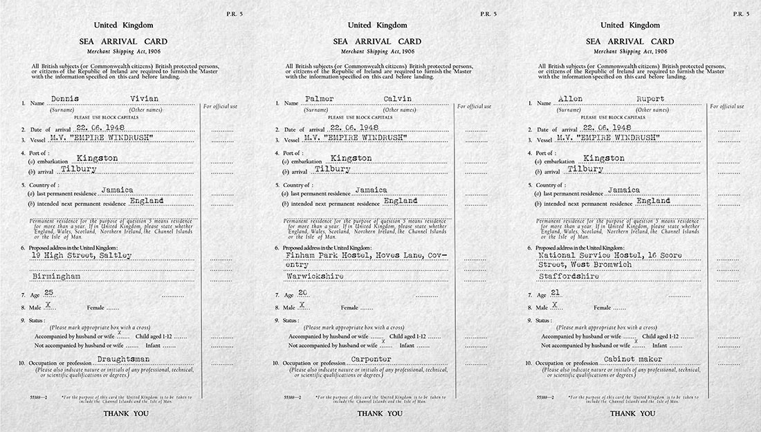 A set of 3 landing cards. The are recreated to look like the originals with old fashioned typewritten text. They show trades as draughtsman, cabinet maker and carpenter.