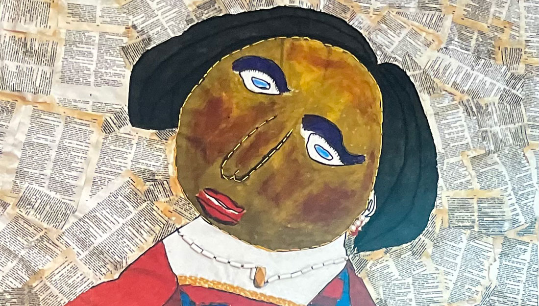 A painted, and embroidered portrait of a blue-eyed Black woman, on a background of collaged book pages. Her face is circular and tilted and she has short black hair. Her necklace and earrings are beads embroidered onto the piece’s surface. Her outline has been stitched in yellow thread.