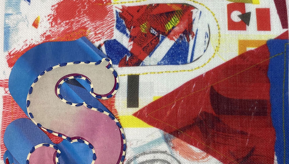 A close-up section of a larger piece, made up of overlaid abstract shapes in red, blue, and yellow. This is a mixed media piece, comprised of print, embroidery, stitchwork and painting.