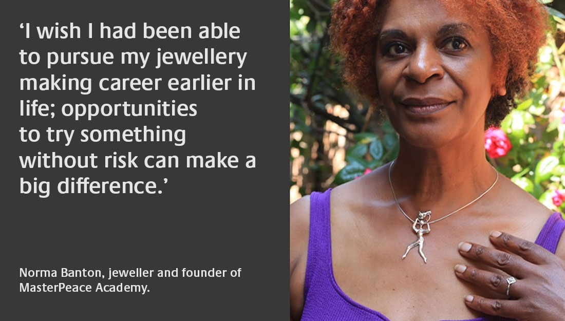 A picture of an older black woman wearing a silver necklace and text that reads: ‘I wish I had been able to pursue my jewellery making career earlier in life; opportunities to try something without risk can make a big difference.’