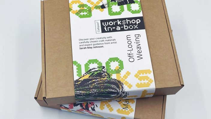 Two brown carboard boxes with bright labels and the Workshop in a Box logo.